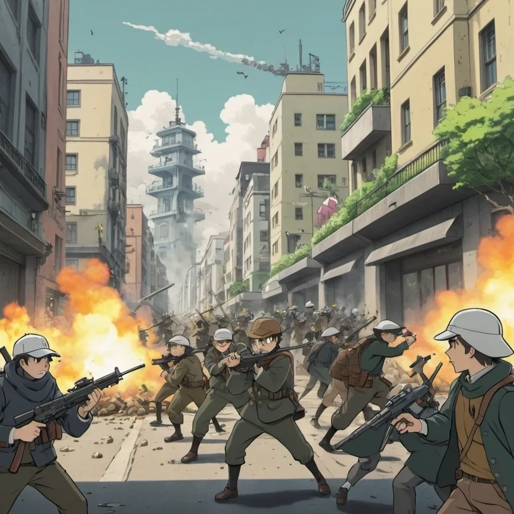 Prompt: Ghibli 2D anime style. Anarcho-Capitalist militia attacking enemies in a city.