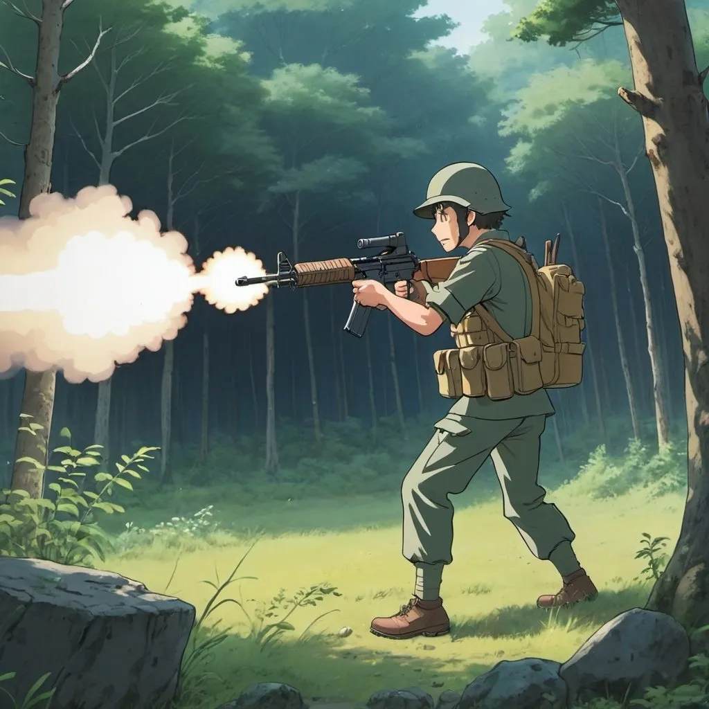 Prompt: Ghibli 2D anime style. A militiaman firing his M16 at an unseen target.