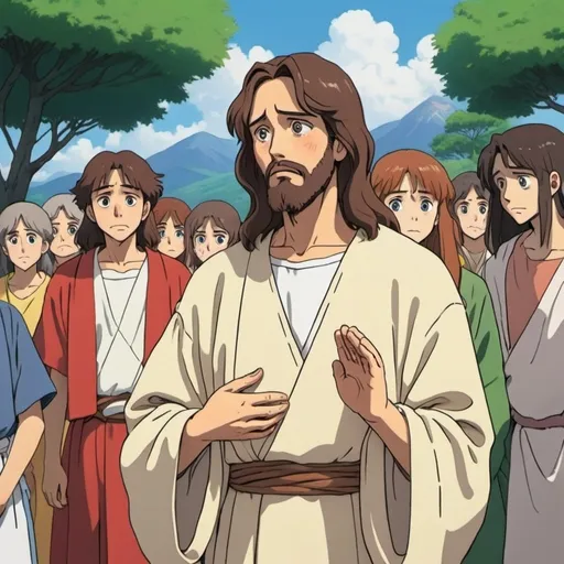 Prompt: Ghibli 2D anime style. Jesus being disappointed with a pride event.