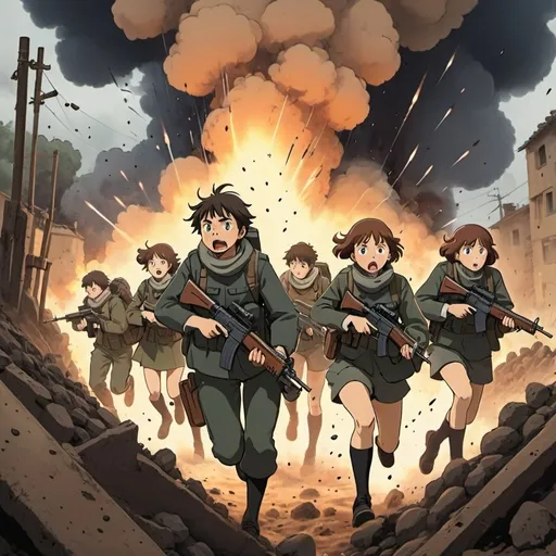 Prompt: Ghibli 2D anime style. A squad of men and women armed with assault rifles in a trench as explosions go off around them.