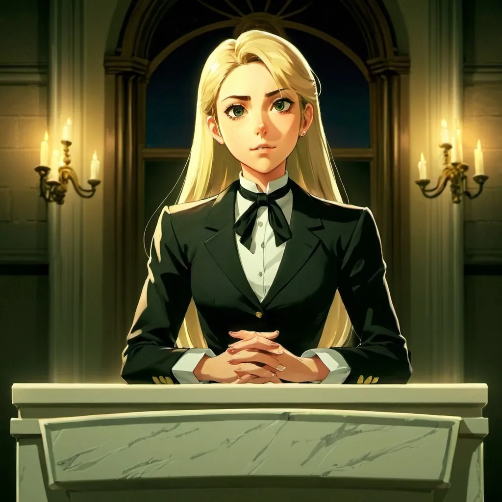 Prompt: Ghibli 2D anime style. A powerful female CEO giving a speech at a gala dinner. Podium. large dining hall inside castle. low light. Luxury.