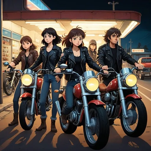 Prompt: Ghibli 2D anime style. A group of Caucasian men and women bikers. all wear a leather jacket. Armed with a variety of weapons. Nighttime outside of a gas station. Parked motorcycles.