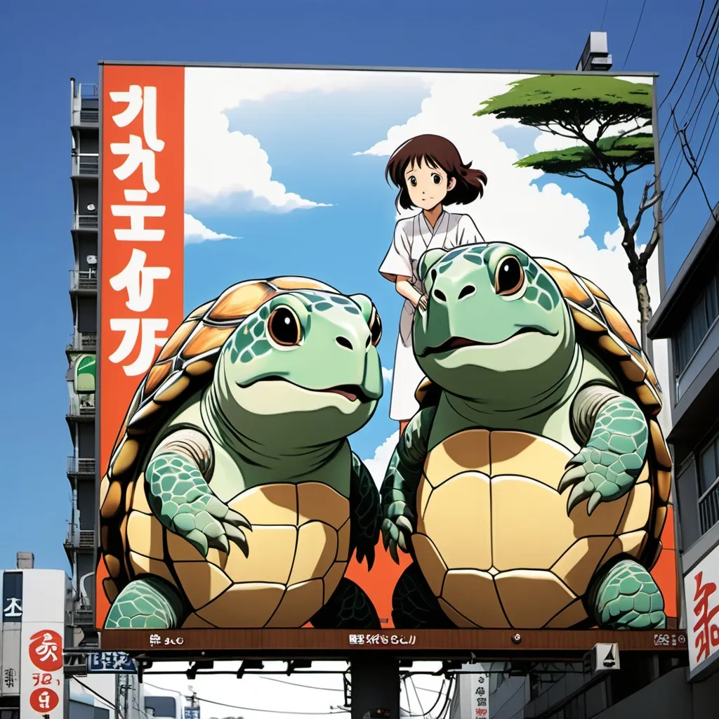 Prompt: Ghibli 2D anime style. Japanese billboard advertisement. Sapphic turtles.