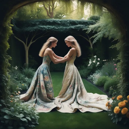 Prompt: Around us, other women and guests were entwined in similar moments of passion and abandon, some in groups, others in pairs, blending into the surreal tapestry of the garden. In my altered state, everything felt pure, almost magical, as though I’d stepped into a different world where nothing could touch us.