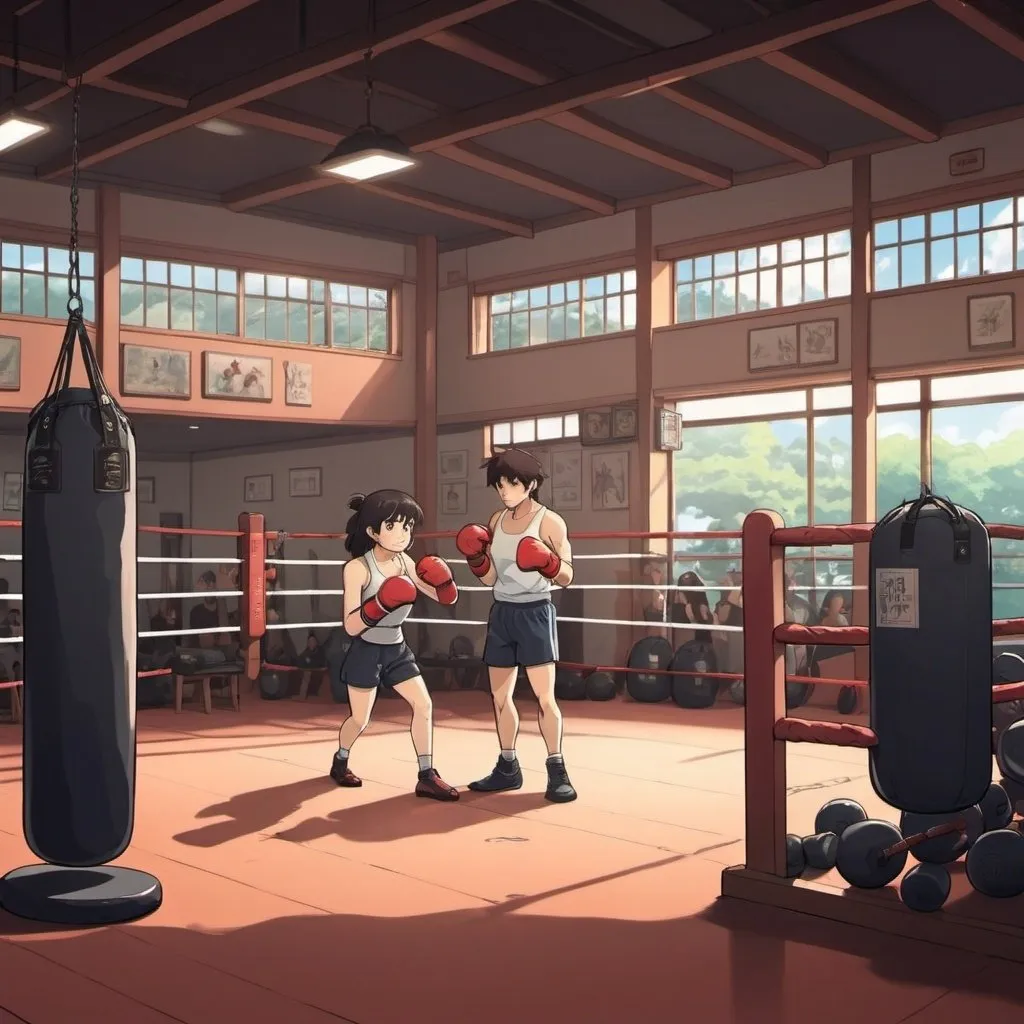 Prompt: Ghibli 2D anime style. A boxing gym with people sparing and working out.