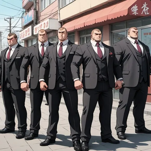Prompt: Ghibli 2D anime style. A group of large muscular Russian mafia. All wear suits. Armed with AK-47 rifles. Daytime outside of a strip club. 