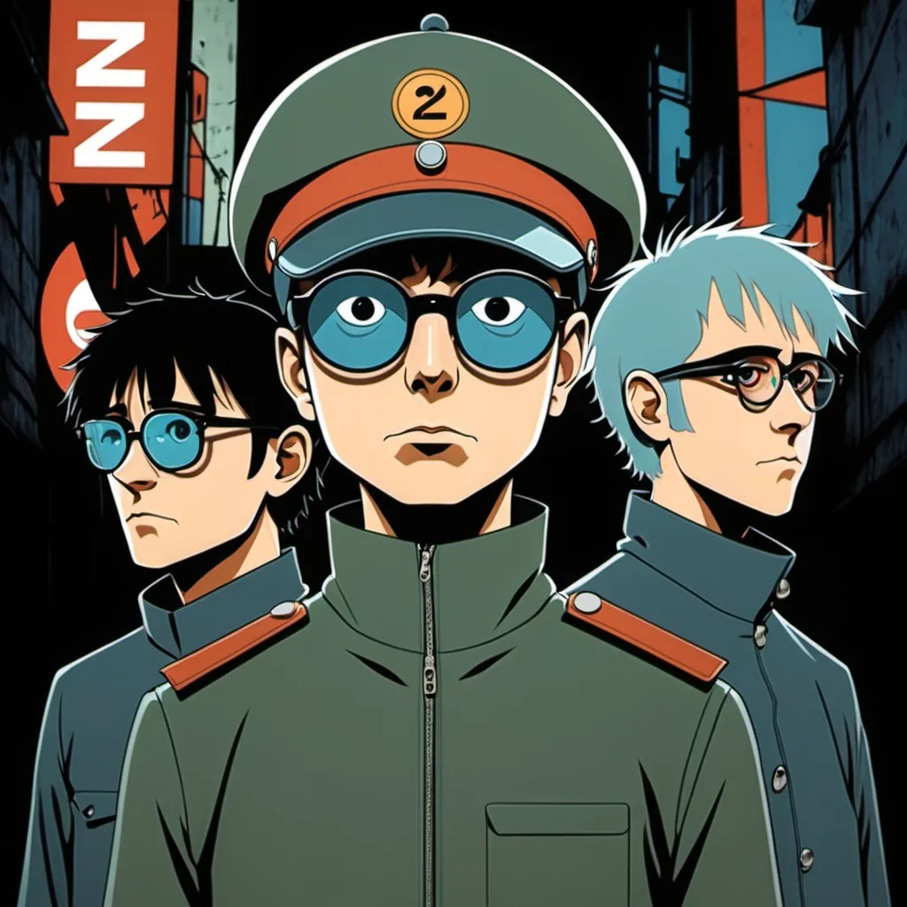 Prompt: Ghibli 2D anime style. Front 242 band. Belgium. 