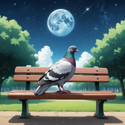 Prompt: Ghibli 2D anime style. A pigeon named Ph!l, sitting at the edge of the universe on a park bench.