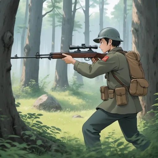 Prompt: Ghibli 2D anime style. A militiaman firing his SKS at an unseen target.