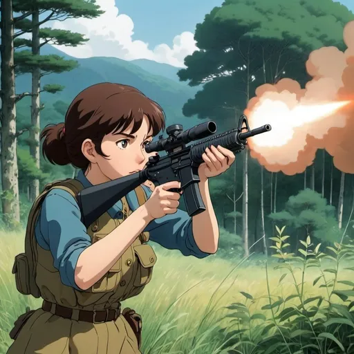 Prompt: Ghibli 2D anime style. A militia woman firing her M16 at an unseen target.