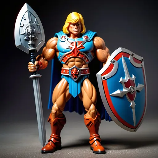 Prompt: Style He-Man action figure. Donald Trump with big sword and shield. 