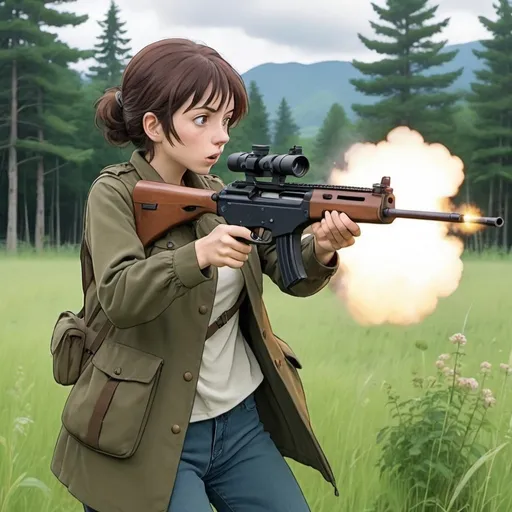 Prompt: Ghibli 2D anime style. A militia woman firing her Steyr AUG at an unseen target.