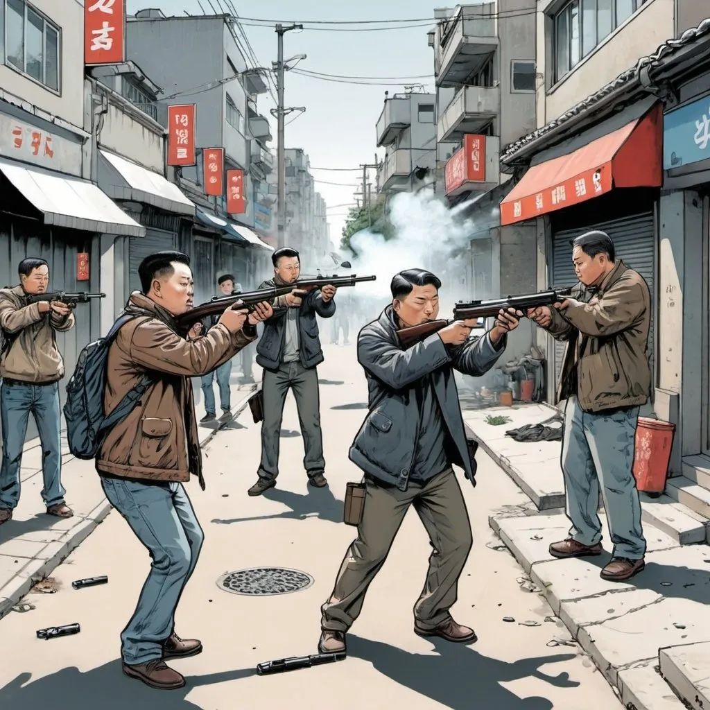 Prompt: Kim Jung Gi style illustration. people shooting guns in the street.