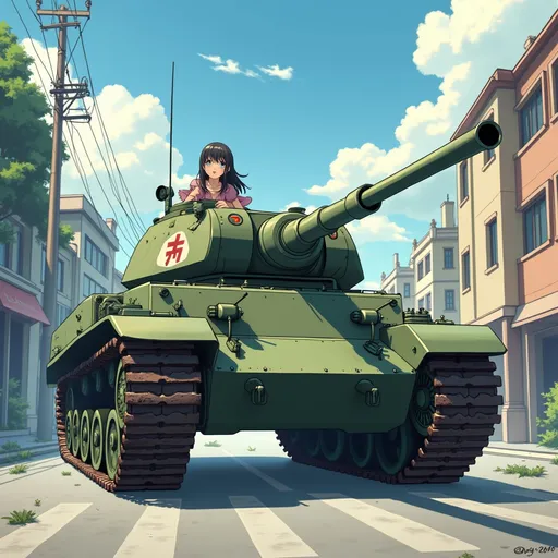 Prompt: Ghibli 2D anime style. T-34 tank. Shooting. city street.