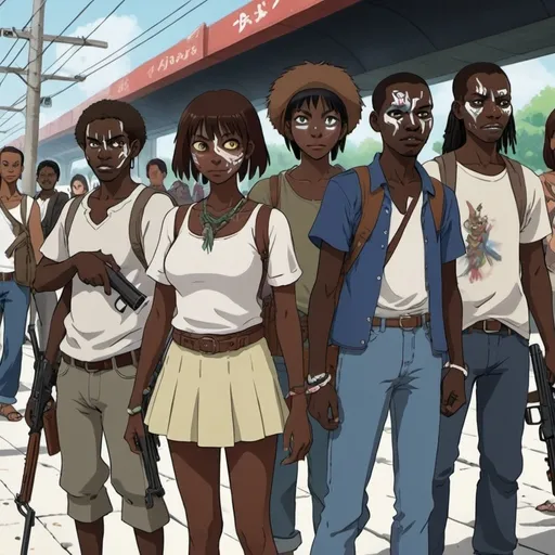 Prompt: Ghibli 2D anime style. A group of Haitian men and women. all wear voodoo face paint. Armed with a variety of firearms and machetes'. Daytime outside of a subway station. 