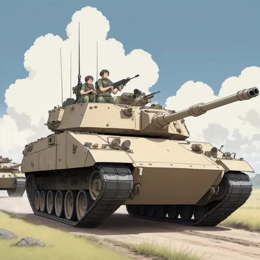 Prompt: Ghibli 2D anime style. An M1 Abrams tank being crewed by 3 resistance fighters.
