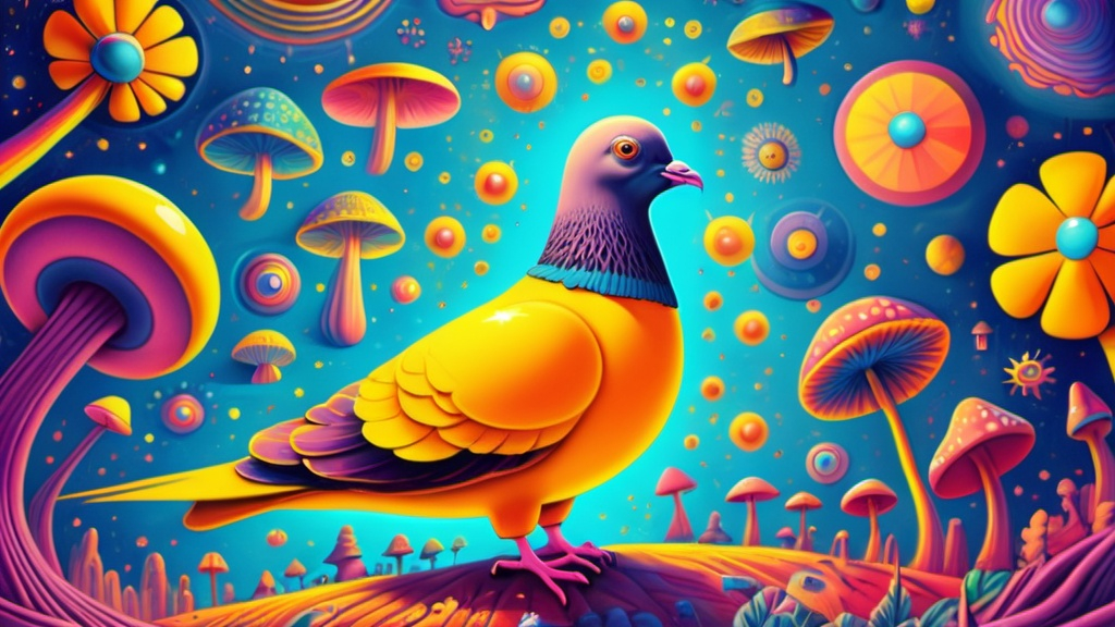 Prompt: A pigeon that is guiding you through an acid trip. psychedelic. magic mushrooms. yellow submarine.