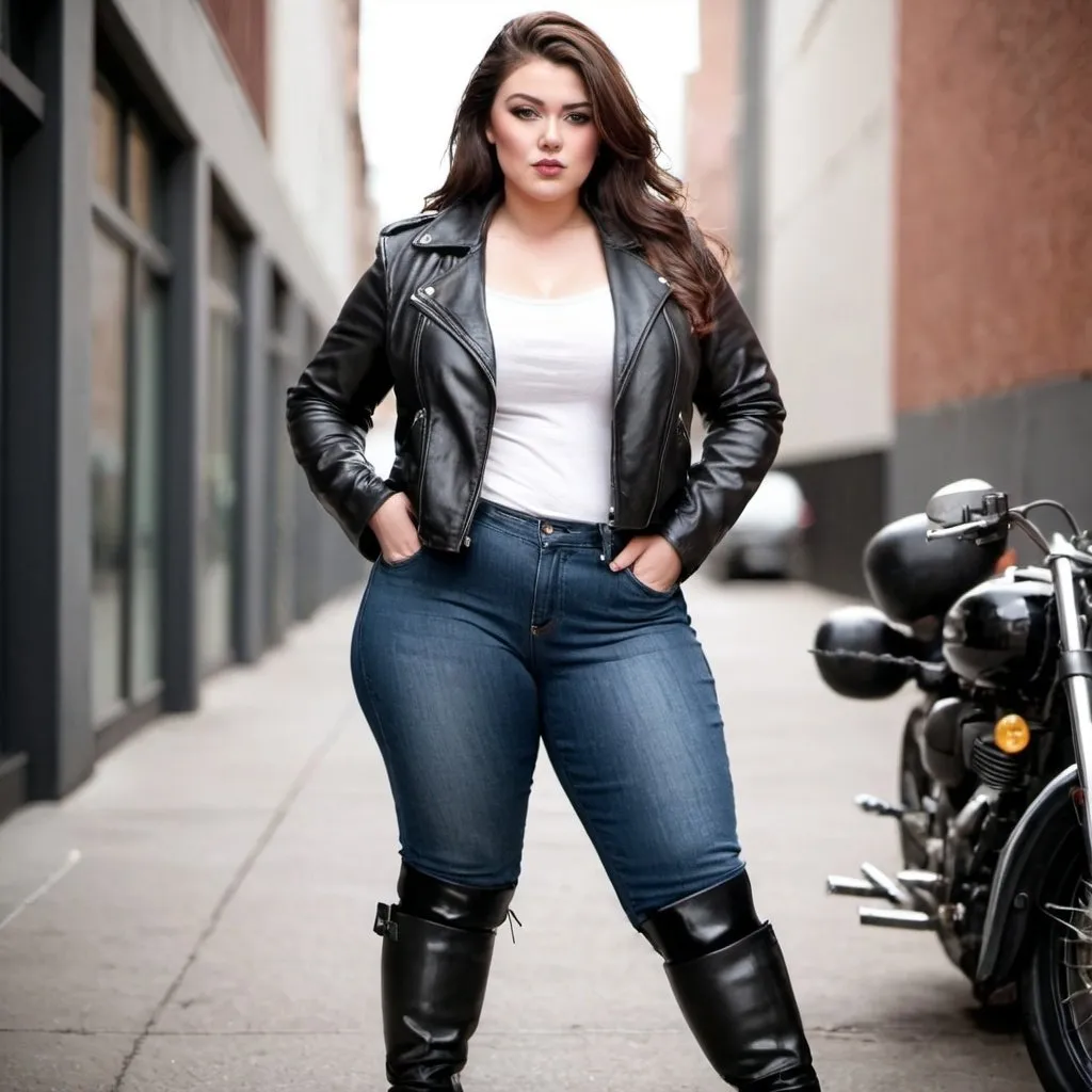 Prompt: thicc woman wearing leather jacket, jeans, knee high motorcycle boots 
