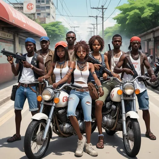 Prompt: Ghibli 2D anime style. A group of Haitian men and women bikers. all wear voodoo face paint. Armed with a variety of firearms and machettes. Daytime outside of a subway station. 