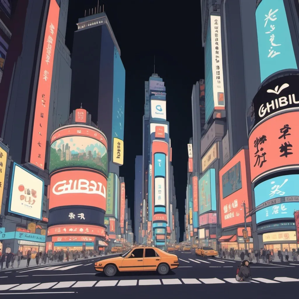 Prompt: Ghibli 2D anime style. Times Square at night.