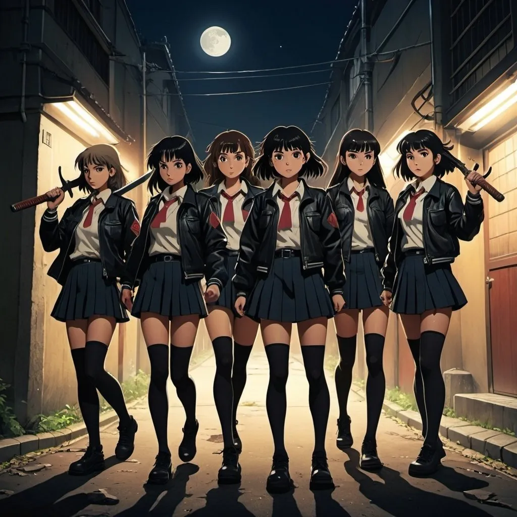 Prompt: Ghibli 2D anime style. A group of Japanese Sukeban. all wear identical attire including leather jacket and school uniform with over the knee socks. Armed with a variety of melee weapons. Nighttime in an alley.   