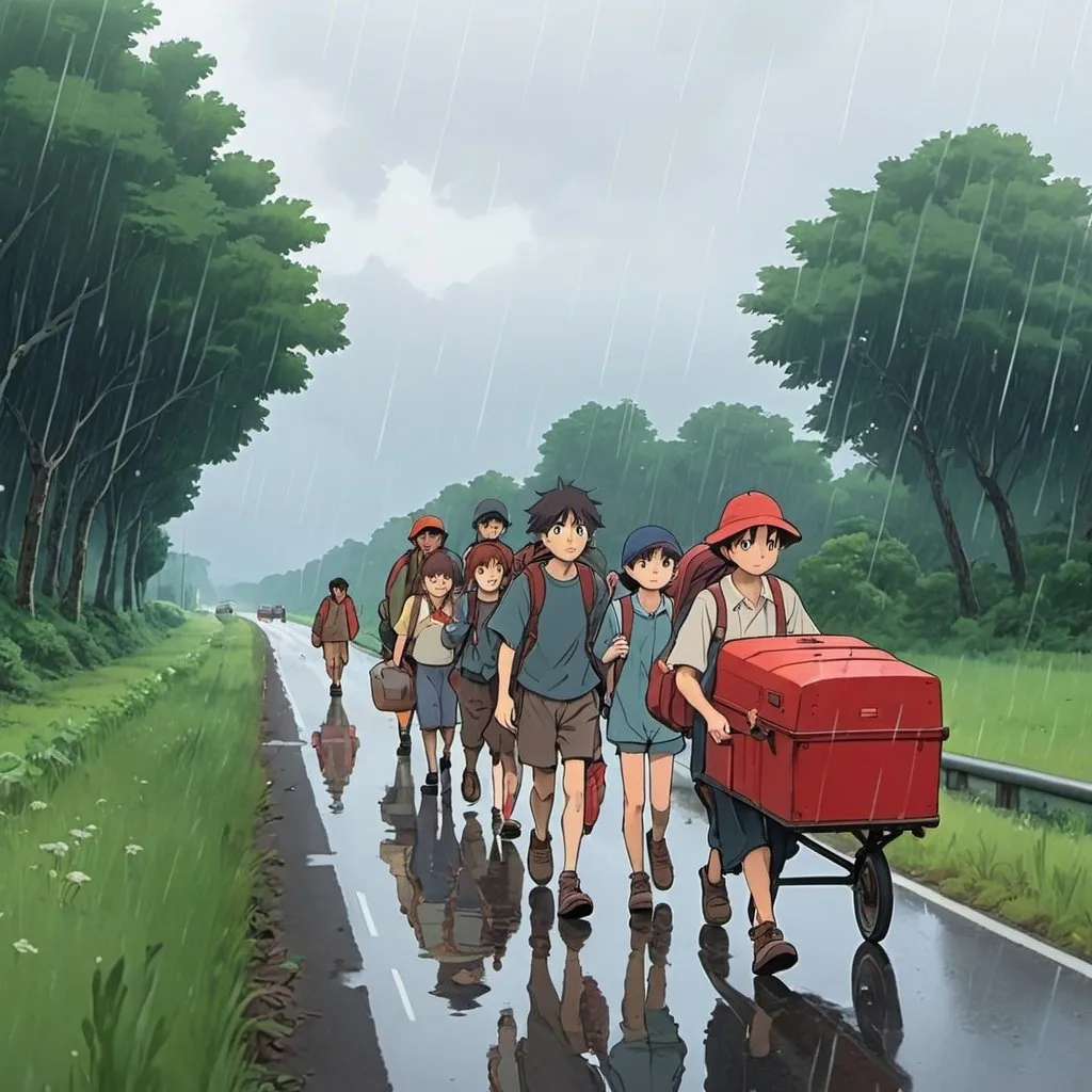 Prompt: Ghibli 2D anime style. A group of refugees with kids, red wagon and backpacks. walking along the side of a highway. raining.