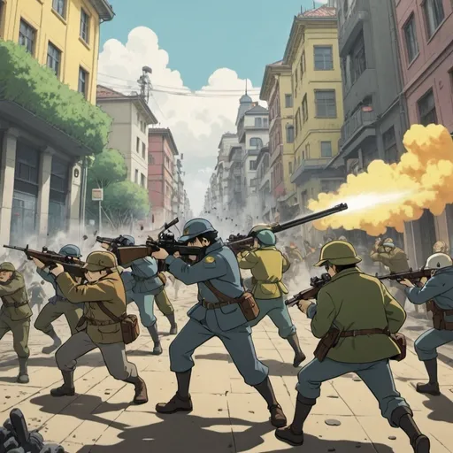 Prompt: Ghibli 2D anime style. Anarcho-Capitalist militia attacking enemies in a city.