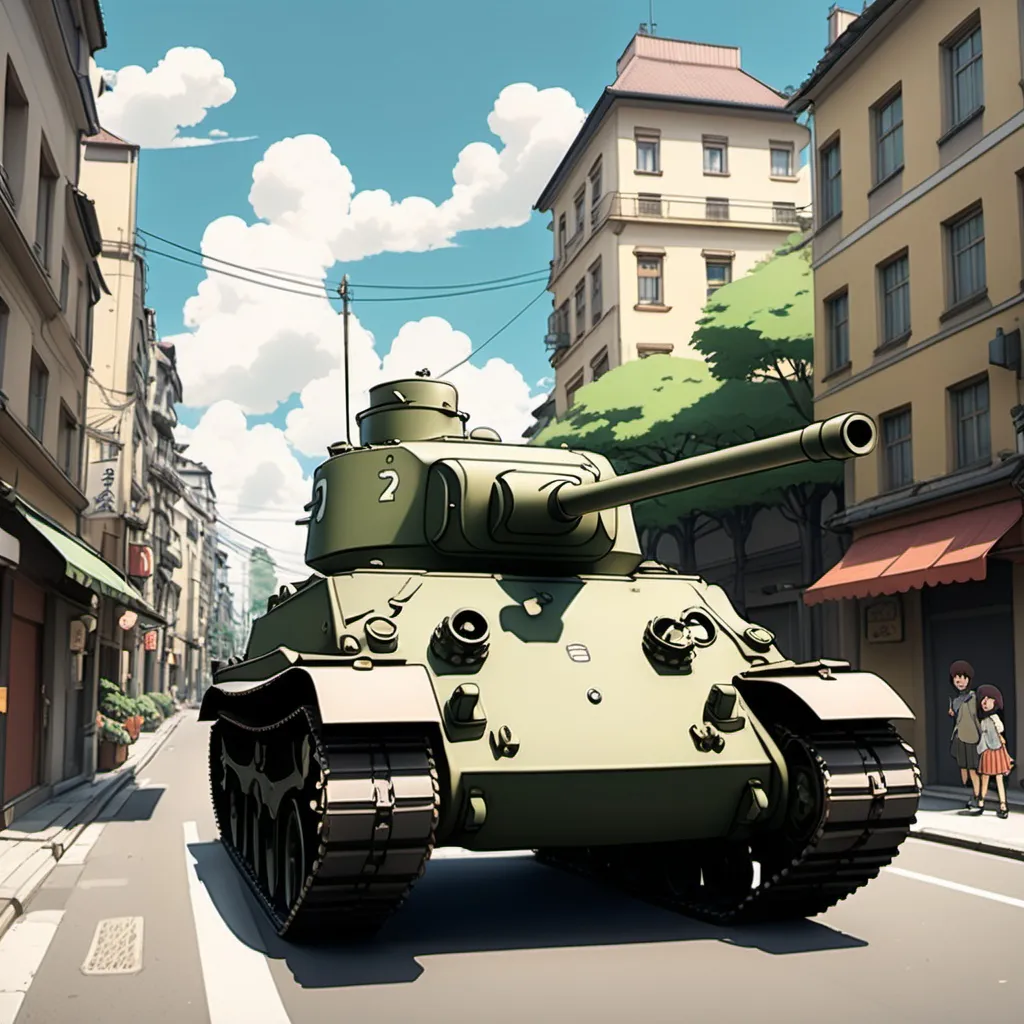 Prompt: Ghibli 2D anime style. A Sherman Tank driving down a city street.