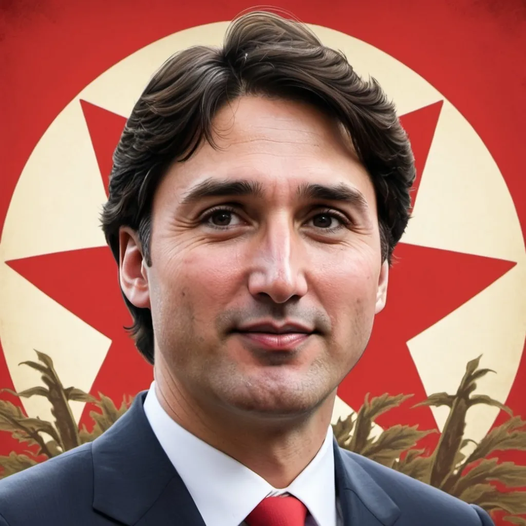 Prompt: Justin Trudeau depicted in a North Korean style propaganda poster.  