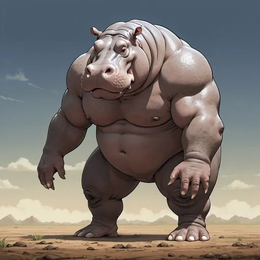 Prompt: Ghibli 2D anime style. a very large male Hippo-Humanoid with a big muscular body and big legs, standing on a dirt ground with a sky background.