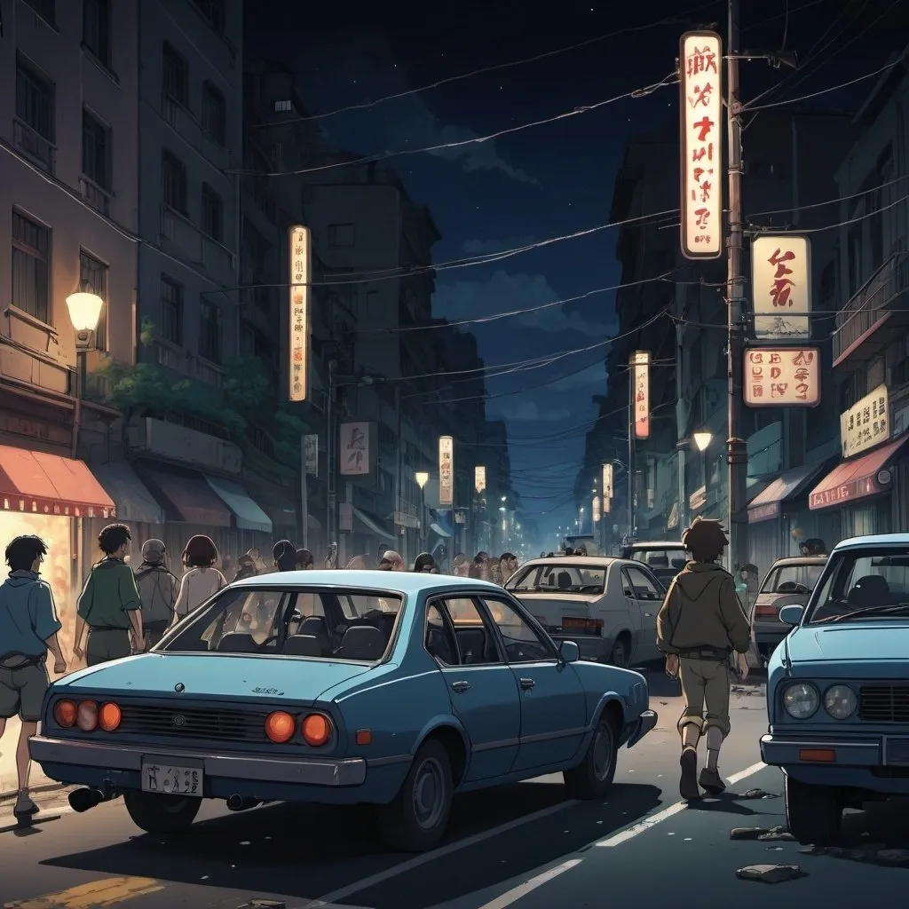 Prompt: Ghibli 2D anime style. A gang shootout in a large city, bullet ridden cars, barriers, civilians running for cover. Nighttime illuminated by street lights and muzzle flashes. 