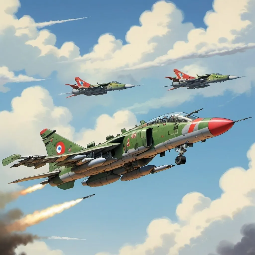 Prompt: Ghibli 2D anime style. A Su-25 making a strafing run on ground targets.