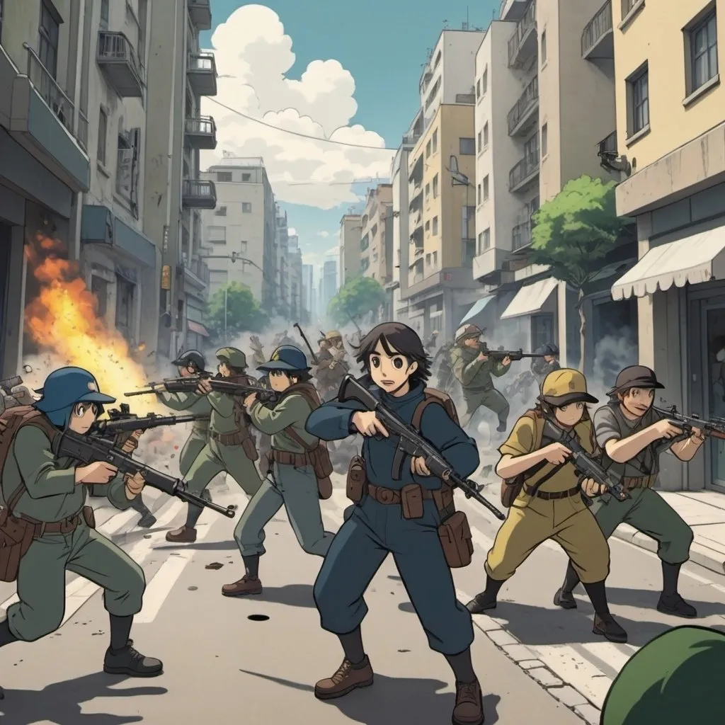 Prompt: Ghibli 2D anime style. A squad of Anarcho-Capitalist militia attacking enemies in a city.