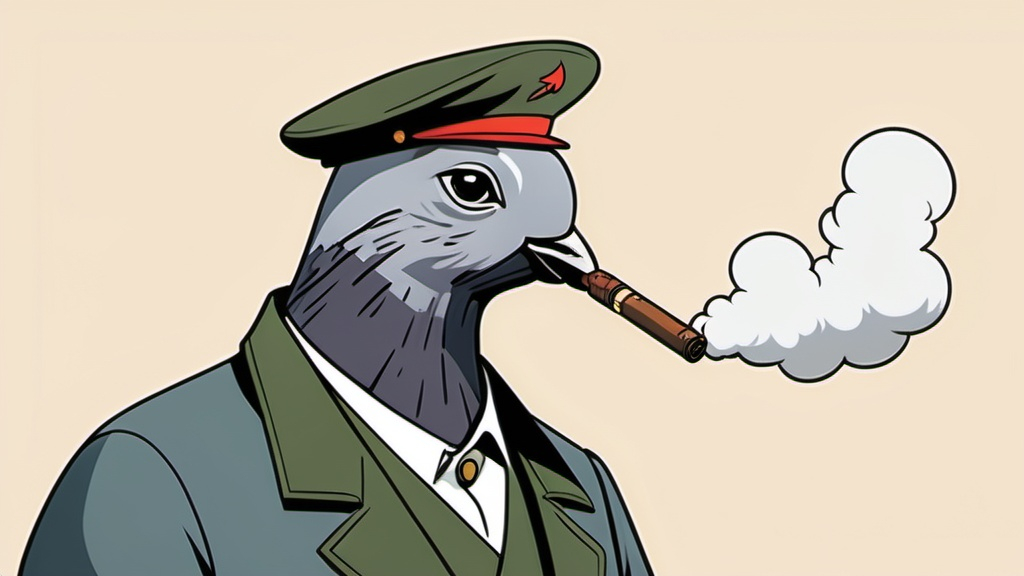 Prompt: Ghibli 2D anime style. A pigeon that has a resemblance to Fidel Castro smoking a Cigar. 