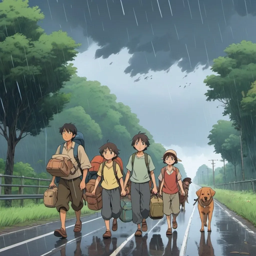 Prompt: Ghibli 2D anime style. A group of refugees with kids, dog, wagon and backpacks. walking along the side of a highway. raining.