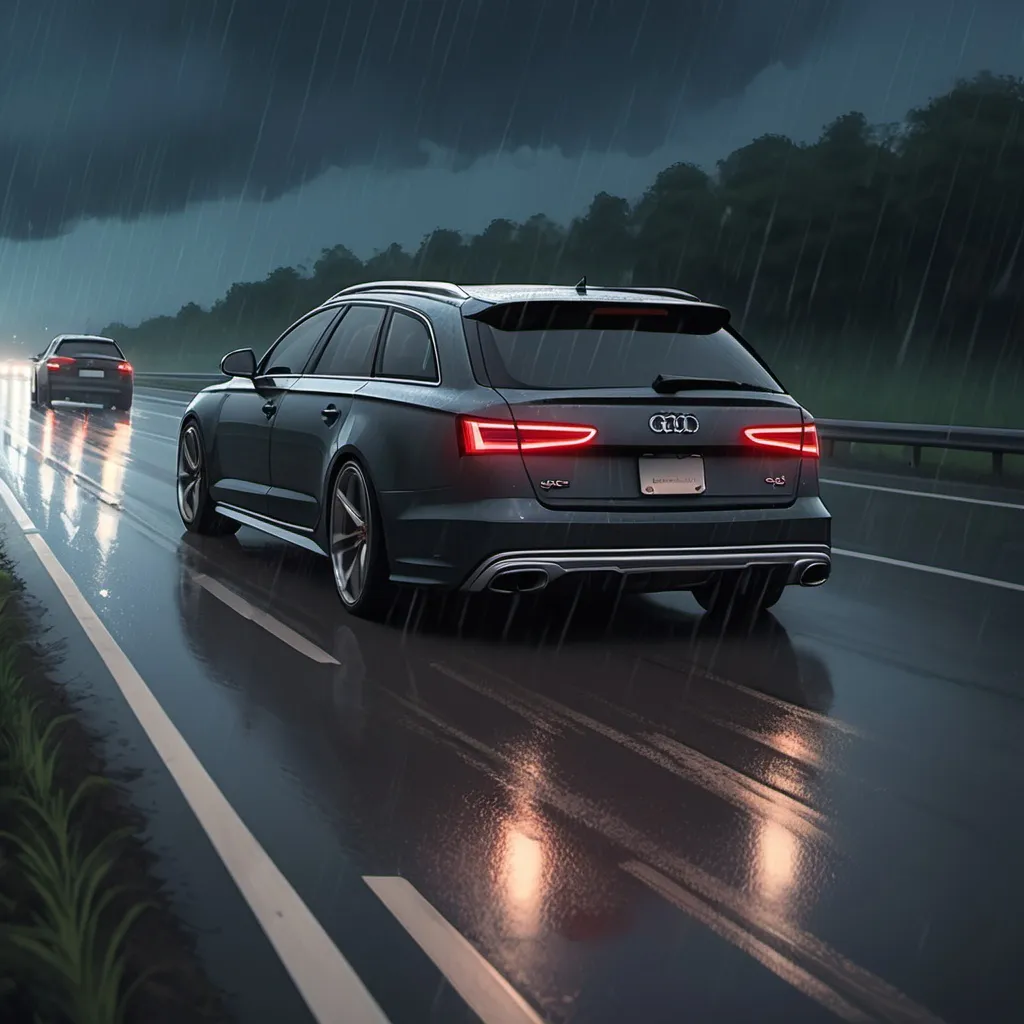 Prompt: Ghibli 2D anime style. An Audi rs6 Avant speeding down an interstate. Night, raining.