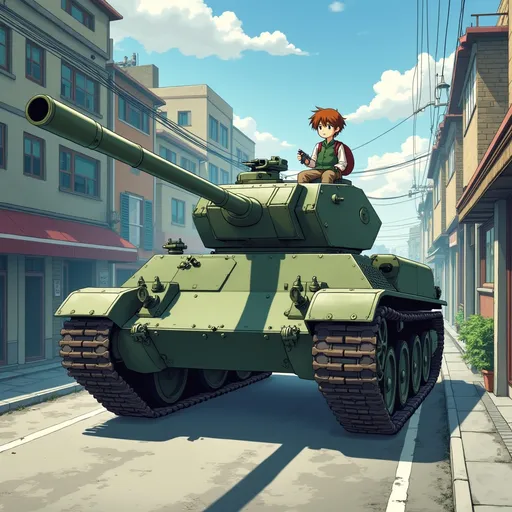 Prompt: Ghibli 2D anime style. T-34 tank. Shooting. city street.