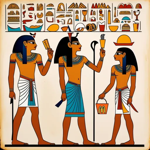 Prompt: Egyptian Hieroglyphics. A family ordering McDonalds.