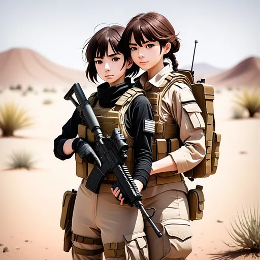 Prompt: Ghibli 2D anime style. Female special forces. Plate carrier, assault rifle. Sapphic embrace. Desert.