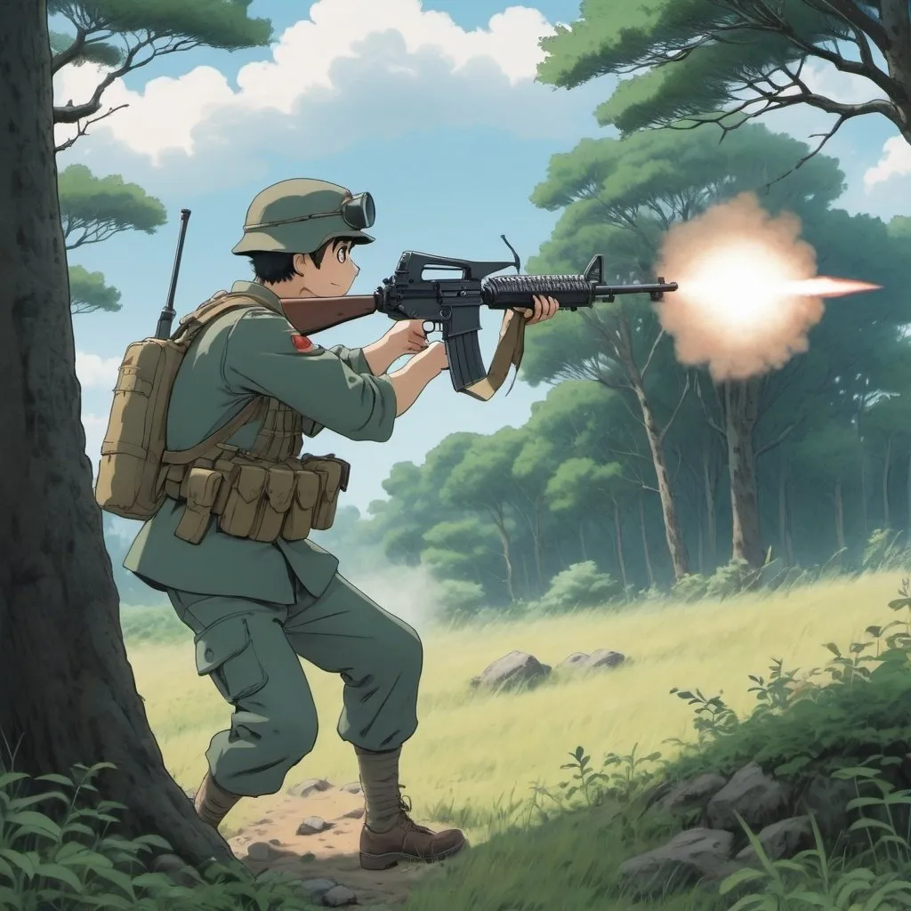 Prompt: Ghibli 2D anime style. A militiaman firing his M16 at an unseen target.