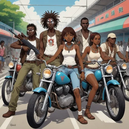 Prompt: Ghibli 2D anime style. A group of Haitian men and women bikers. all wear voodoo face paint. Armed with a variety of firearms and machettes. Daytime outside of a subway station. 