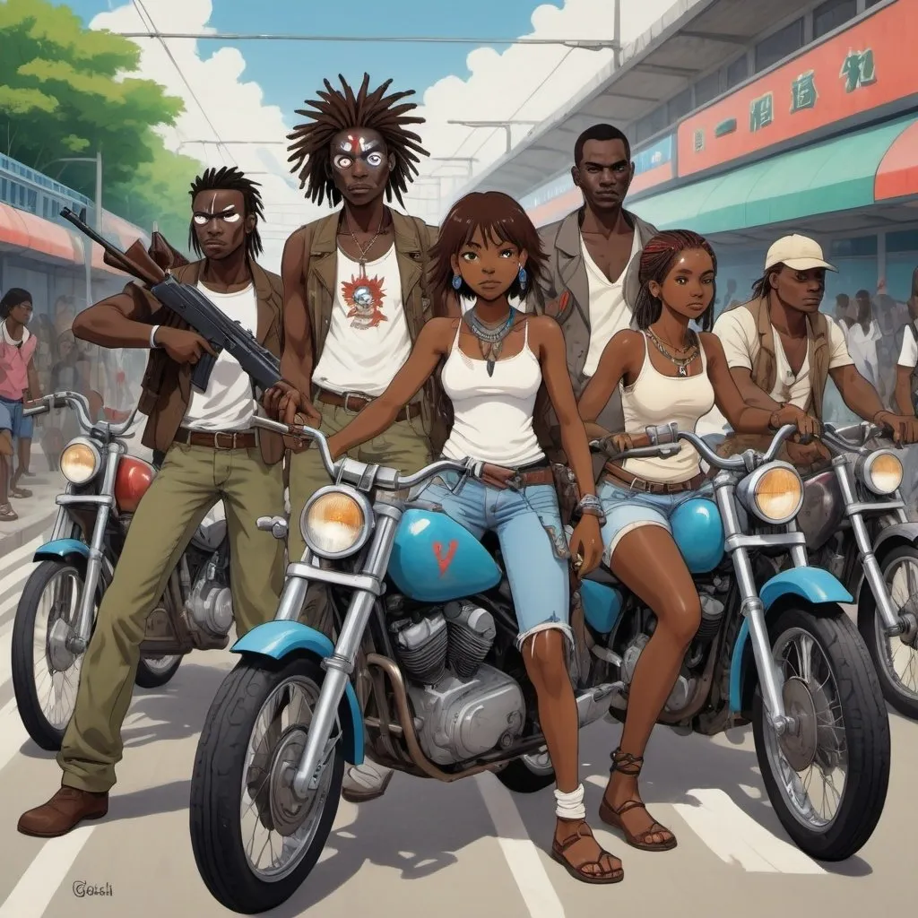 Prompt: Ghibli 2D anime style. A group of Haitian men and women bikers. all wear voodoo face paint. Armed with a variety of firearms and machettes. Daytime outside of a subway station. 