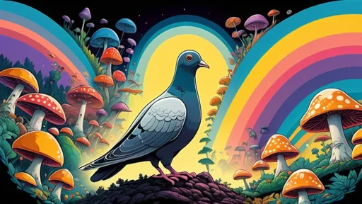 Prompt: Ghibli 2D anime style. A pigeon that is guiding you through an acid trip. psychedelic. magic mushrooms. yellow submarine.