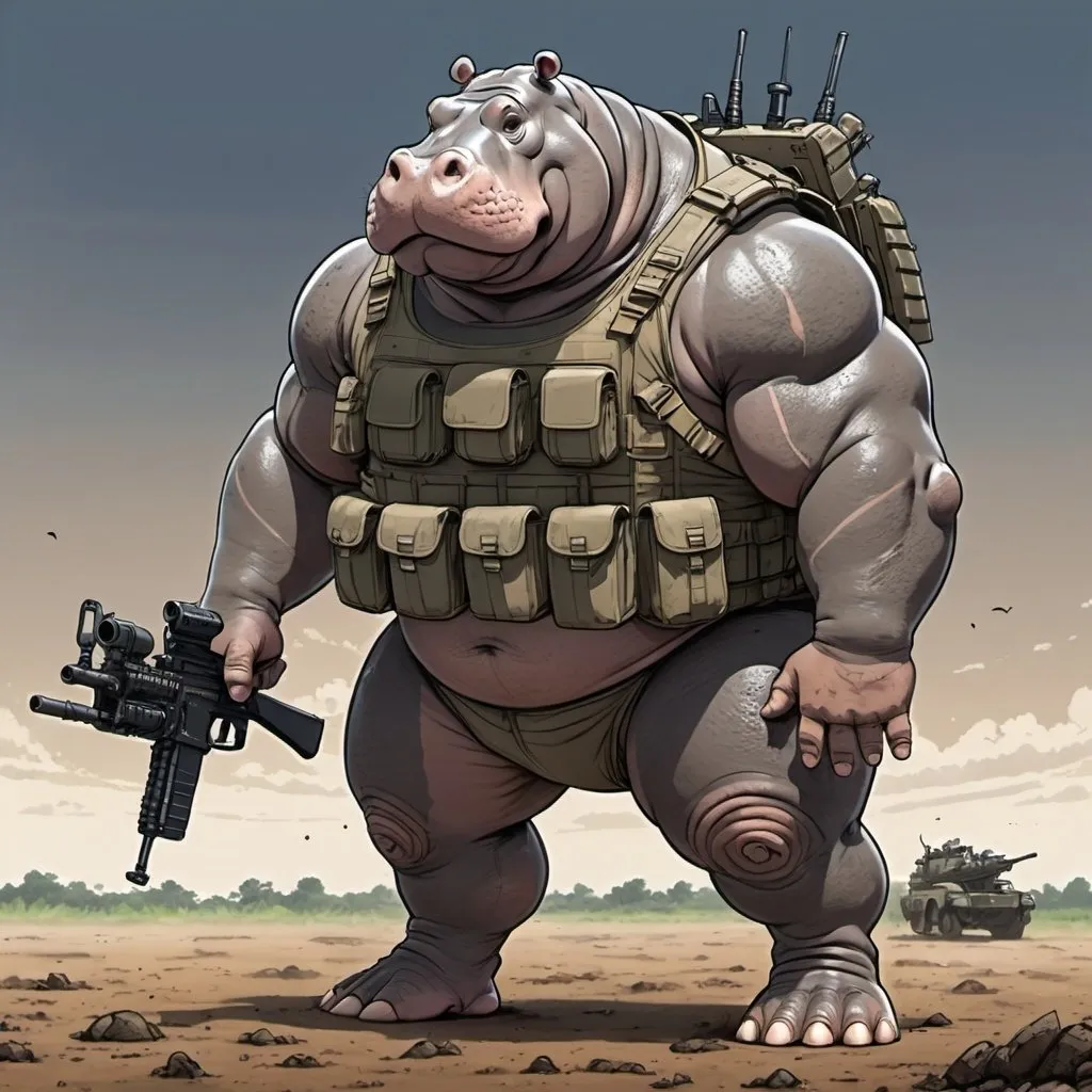 Prompt: Ghibli 2D anime style. a 7 foot large male Hippo-Humanoid with a big muscular body and big legs, wearing plate carrier armed with a belt fed M60 machinegun. dirt ground with a sky background.