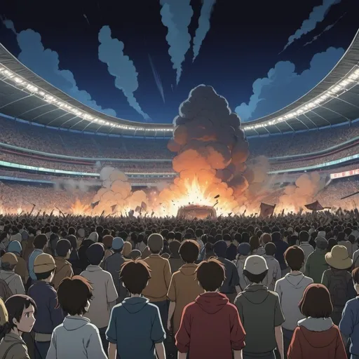 Prompt: Ghibli 2D anime style. A massive riot outside a stadium at night. 