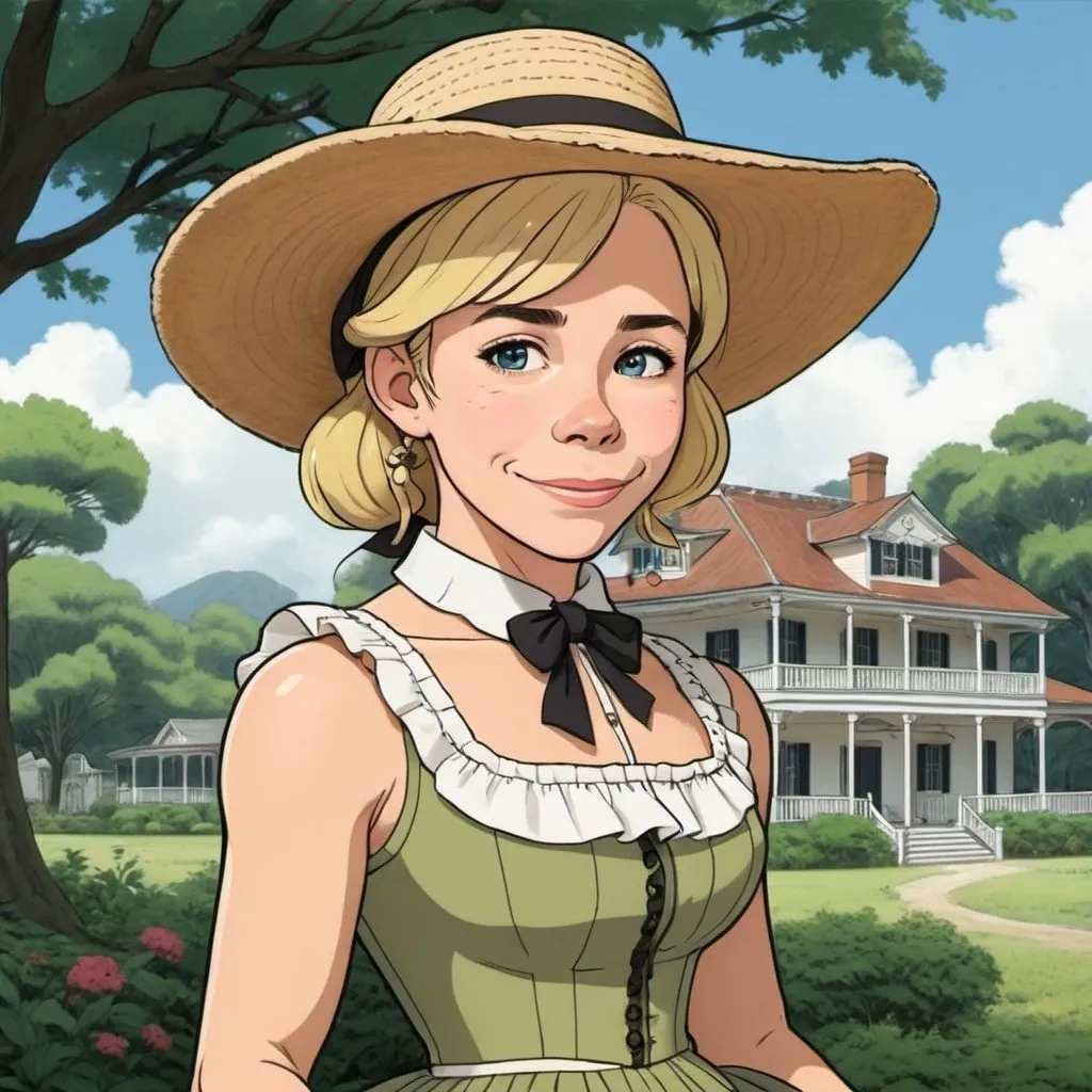 Prompt: Ghibli 2D anime style. Chelsea Handler as a southern belle plantation owner. 