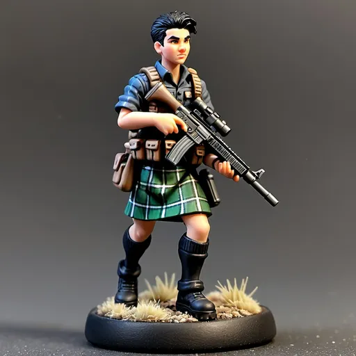 Prompt: Style 28mm table top gaming miniature. A young man wearing a Blackwatch tartan kilt and camo shirt. Black hair. armed with an assault rifle.