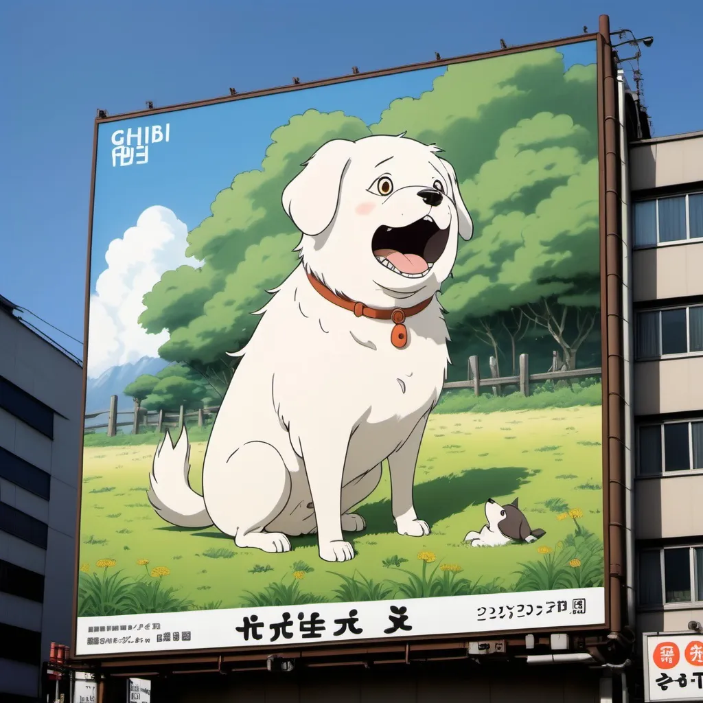 Prompt: Ghibli 2D anime style. Japanese billboard advertisement. Dog farts.