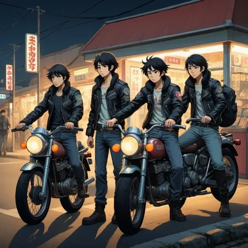 Prompt: Ghibli 2D anime style. A group of male Japanese Go go bikers. all wear identical attire including leather jacket. Armed with a variety of weapons. Nighttime outside of a gas station. Parked motorcycles.