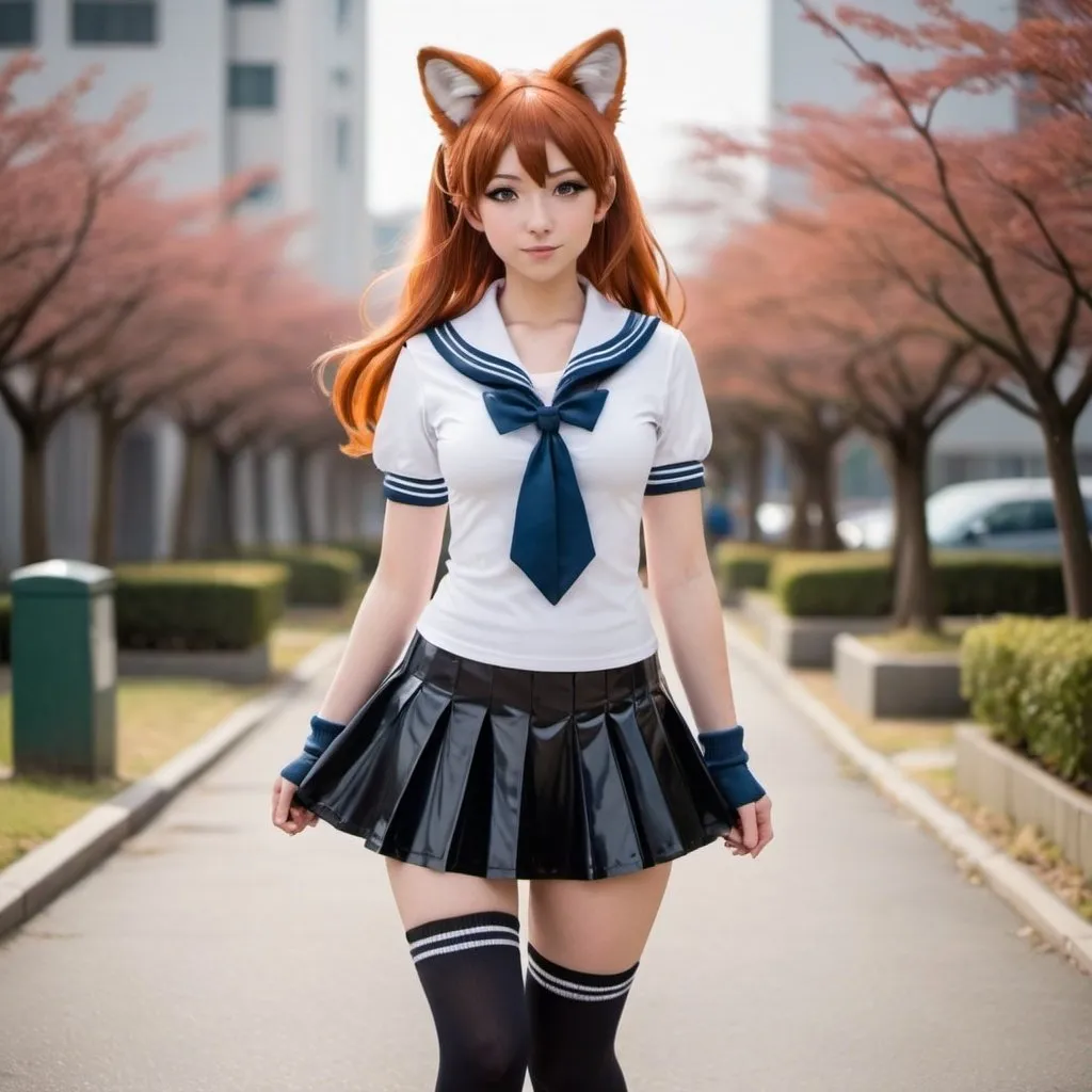 Prompt: Ghibli 2D anime style. Create an image of a young woman named Jane, dressed in a playful and girly latex Japanese schoolgirl outfit as part of a Sailor Kitsune Girls cosplay. She has auburn hair styled in soft waves, complemented by warm brown eyes. Her outfit features a sailor-style collar and a short, pleated skirt, both in glossy black latex. She wears knee-high socks and school shoes. Additional cosplay accessories include fox ear headbands and a faux fur tail, enhancing the playful theme. She accessorizes with a delicate silver necklace and small stud earrings. The setting is an upscale urban environment, highlighting her trendy and sophisticated style. Ghibli 2D anime style.